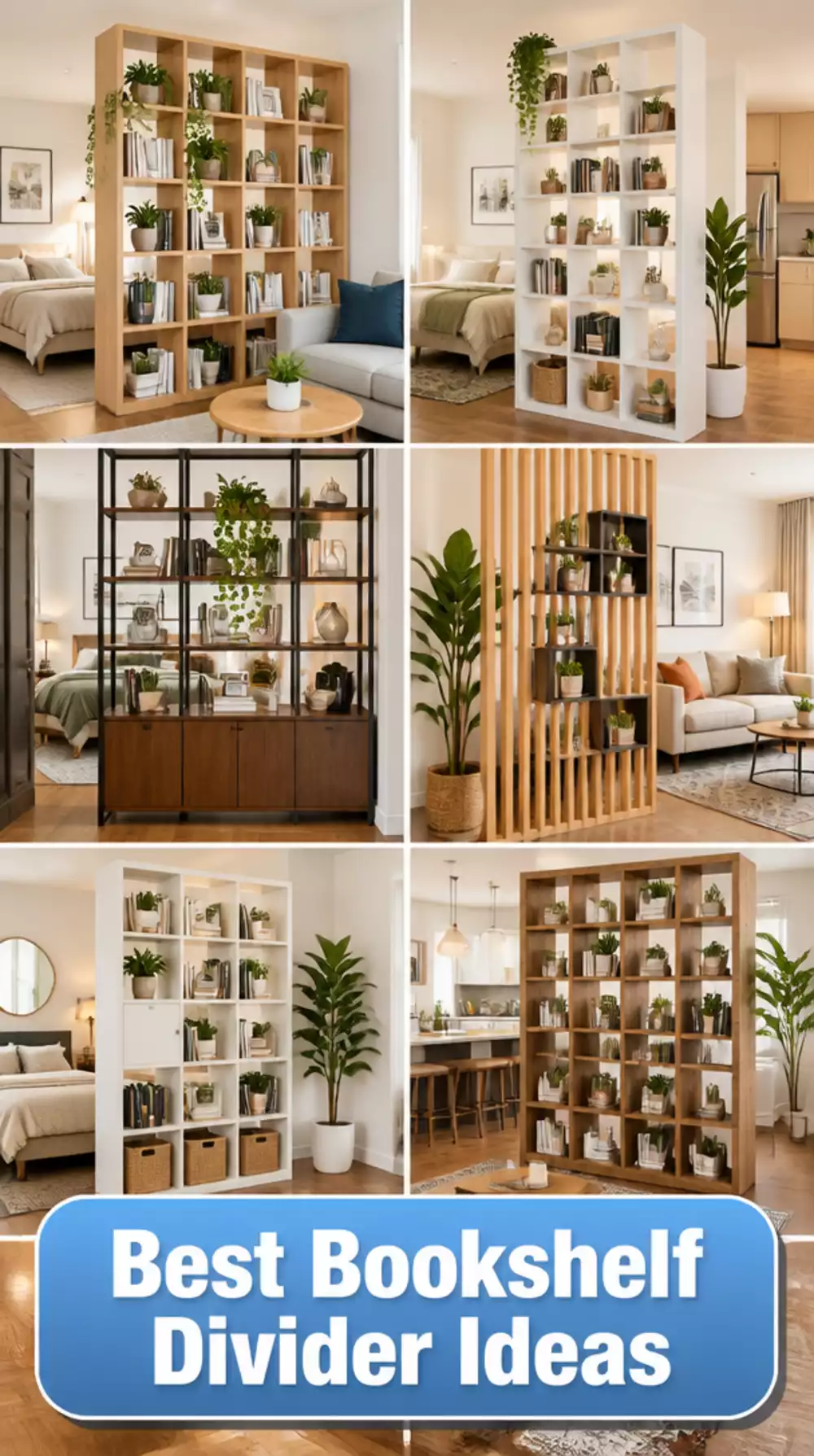 Bedroom Bookshelf Divider That Acts as a Wall Between Sleeping and Living Areas