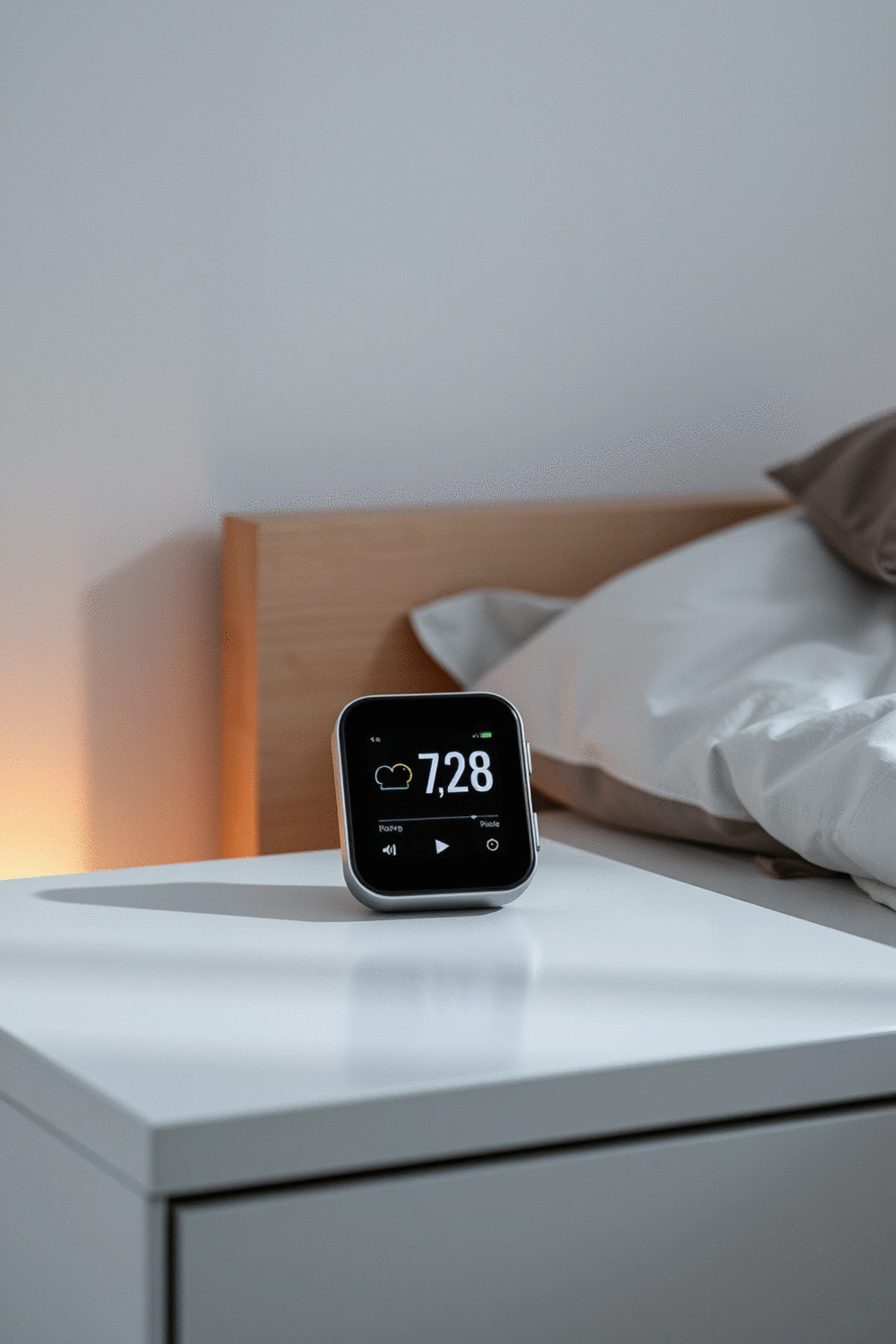 Smart sleep device monitoring sleep patterns on a bedside table, subtle ambient lighting