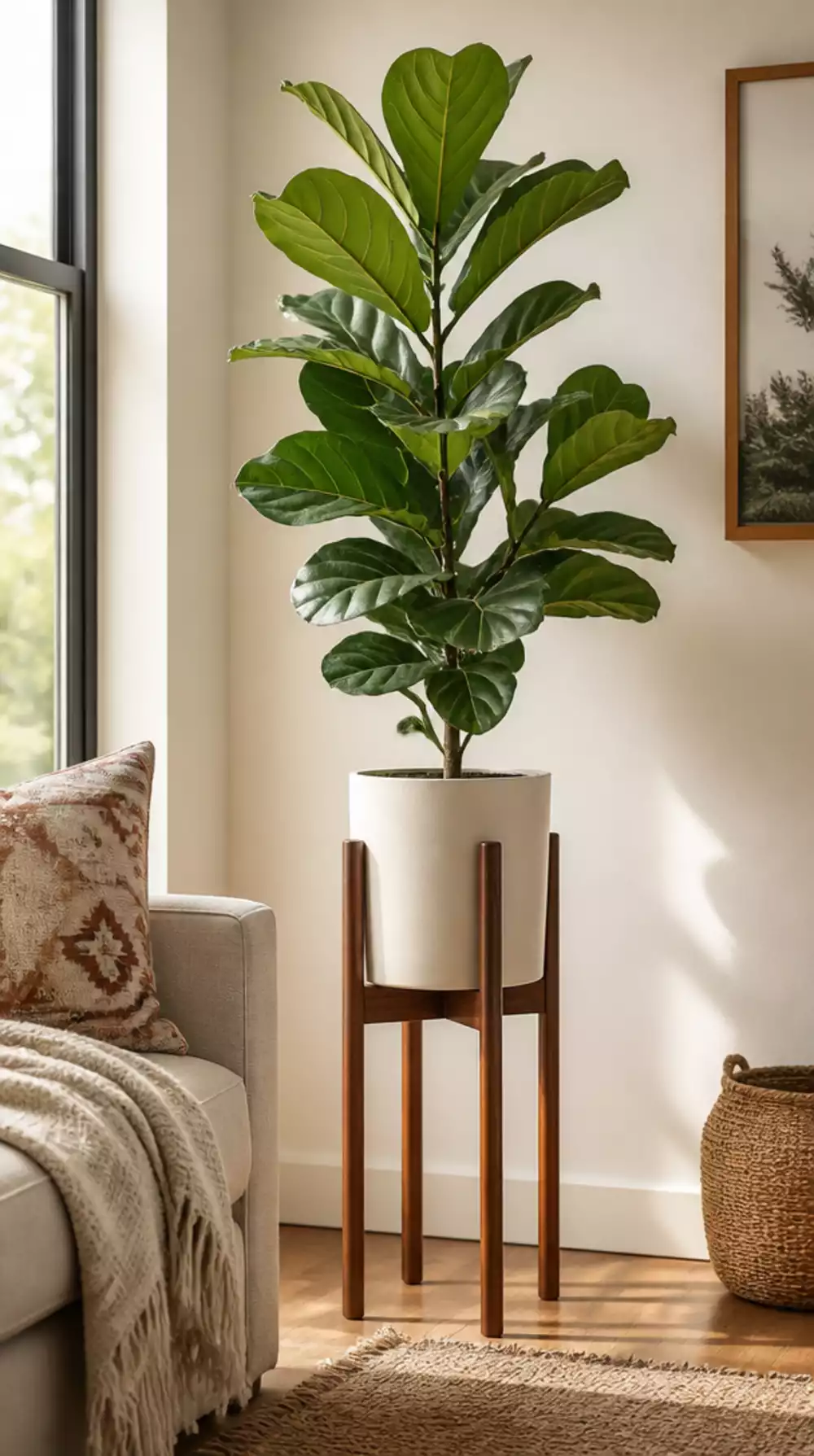 Tall Bedroom Plant Stand That Lifts a Fiddle Leaf Fig to Eye Level