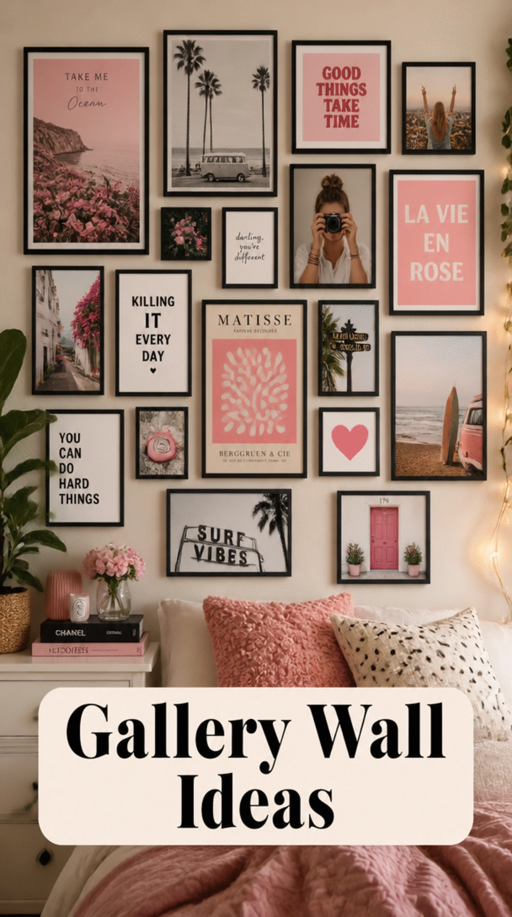Aesthetic Teen Bedroom Gallery Wall in Black Frames with Mixed Prints