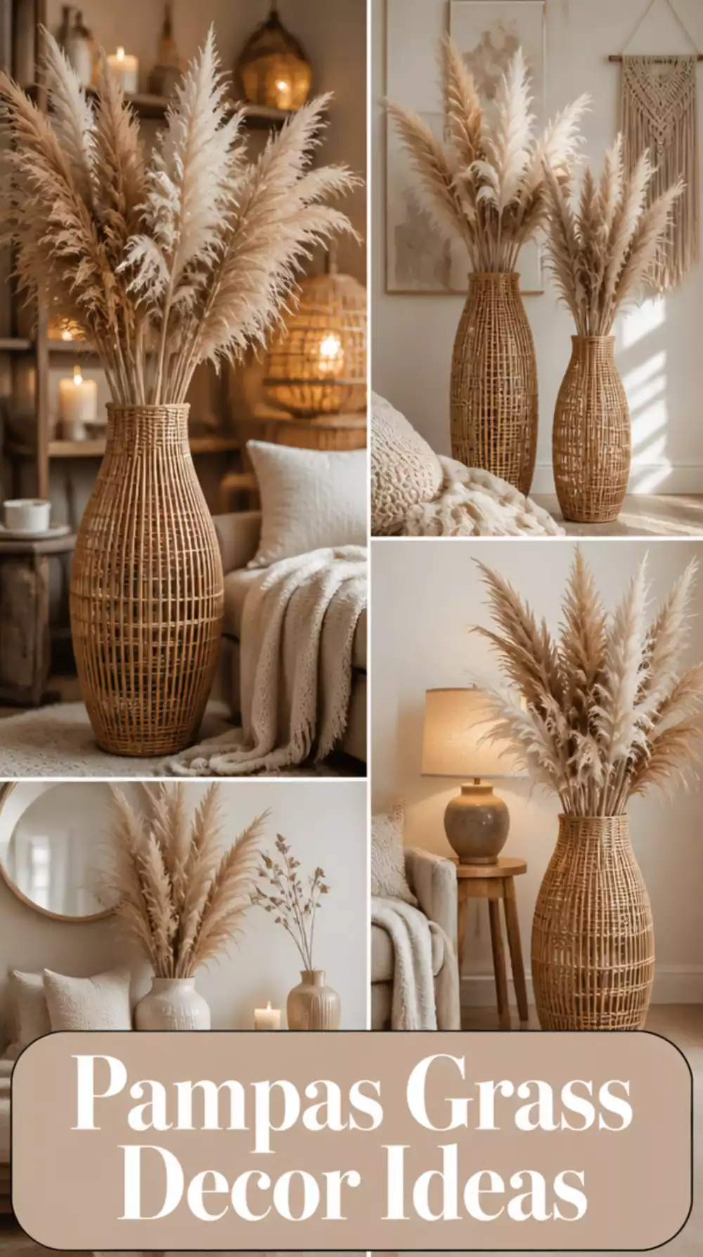 Bedroom Dried Pampas Grass in a Tall Rattan Vase for Decor