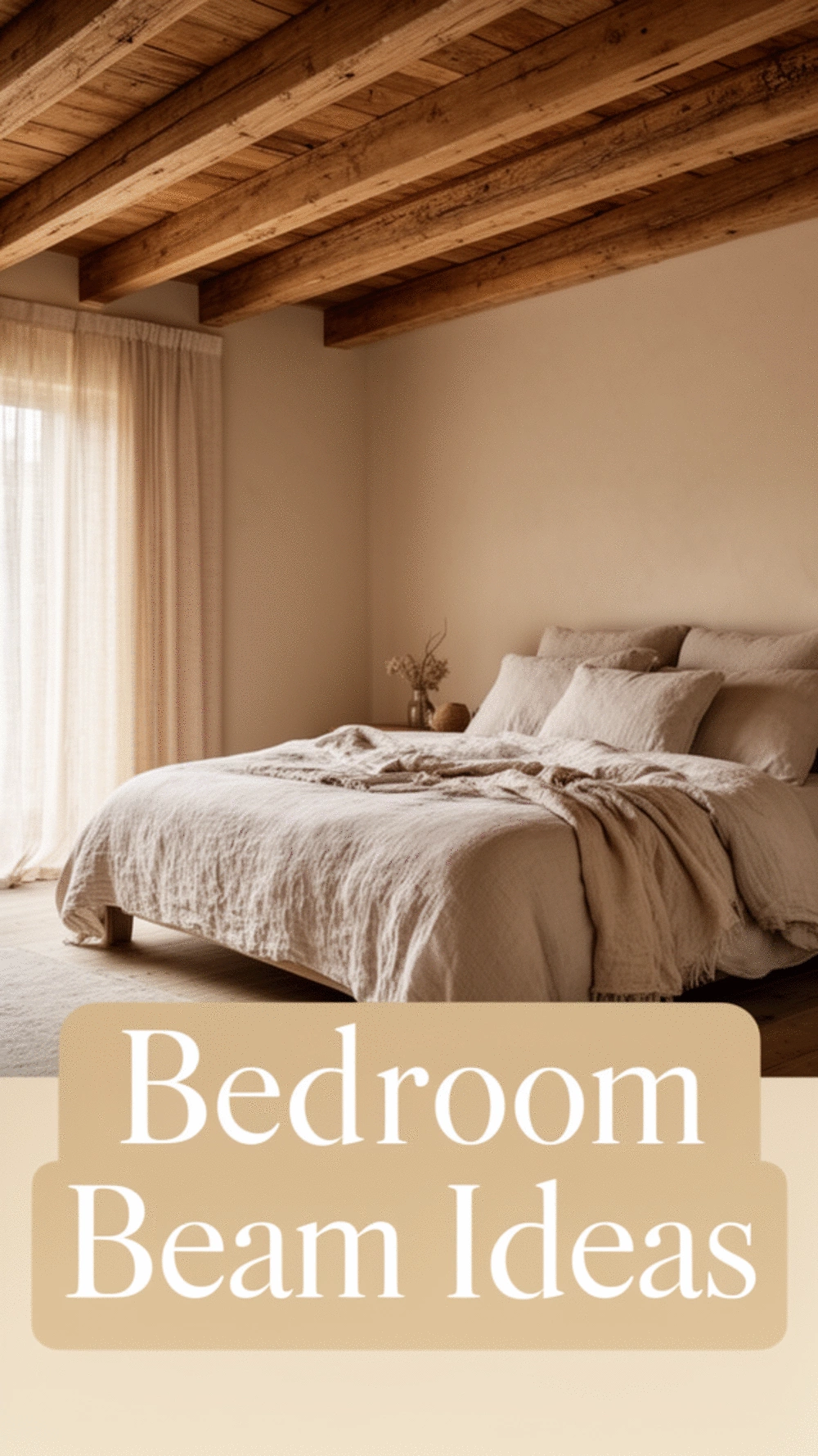 Bedroom Exposed Wooden Ceiling Beam Above a Linen-Dressed Low Bed