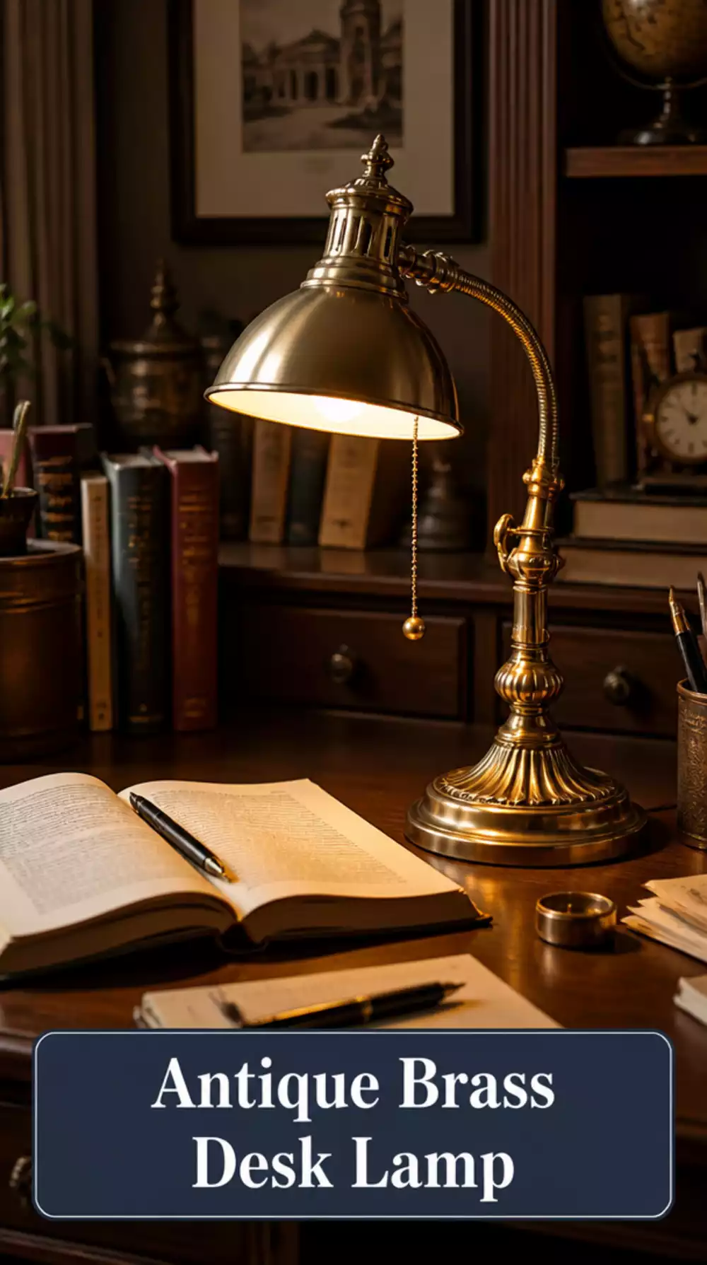 Dark Academia Bedroom Antique-Style Brass Desk Lamp on a Wooden Surface