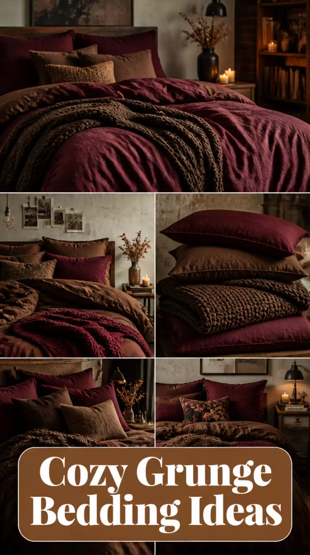 Grunge Bedroom Layered Bedding in Deep Burgundy and Warm Brown Tones