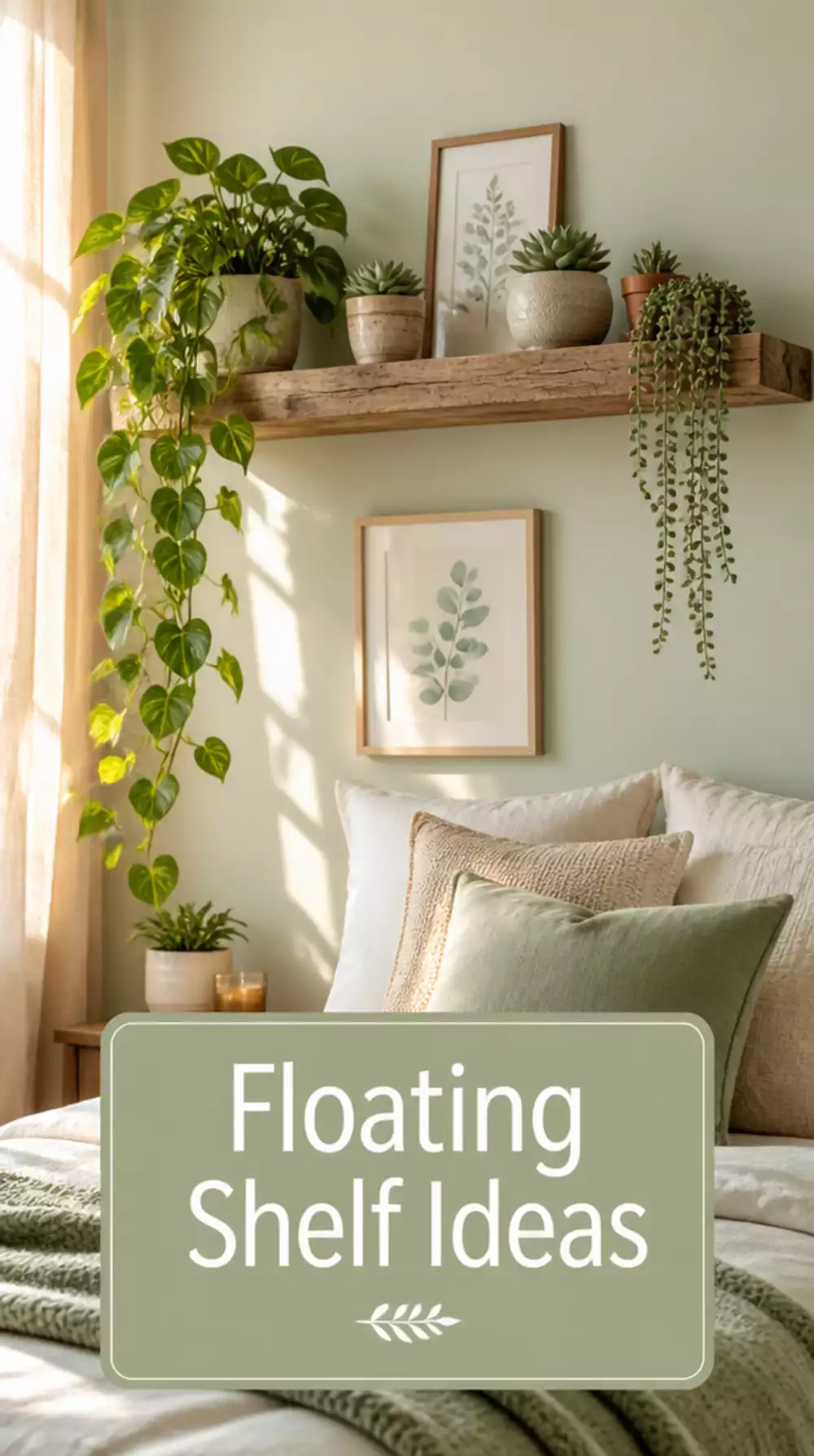 Bedroom Floating Wall Shelf Styled with Trailing Pothos and Small Succulents