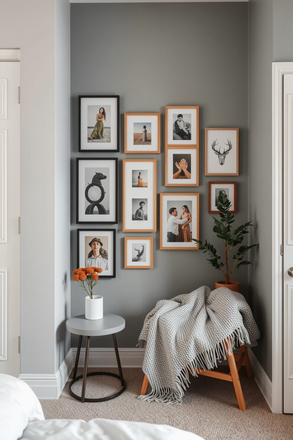 Bedroom corner with a thoughtfully arranged gallery wall and a cozy reading nook, reflecting a personalized style