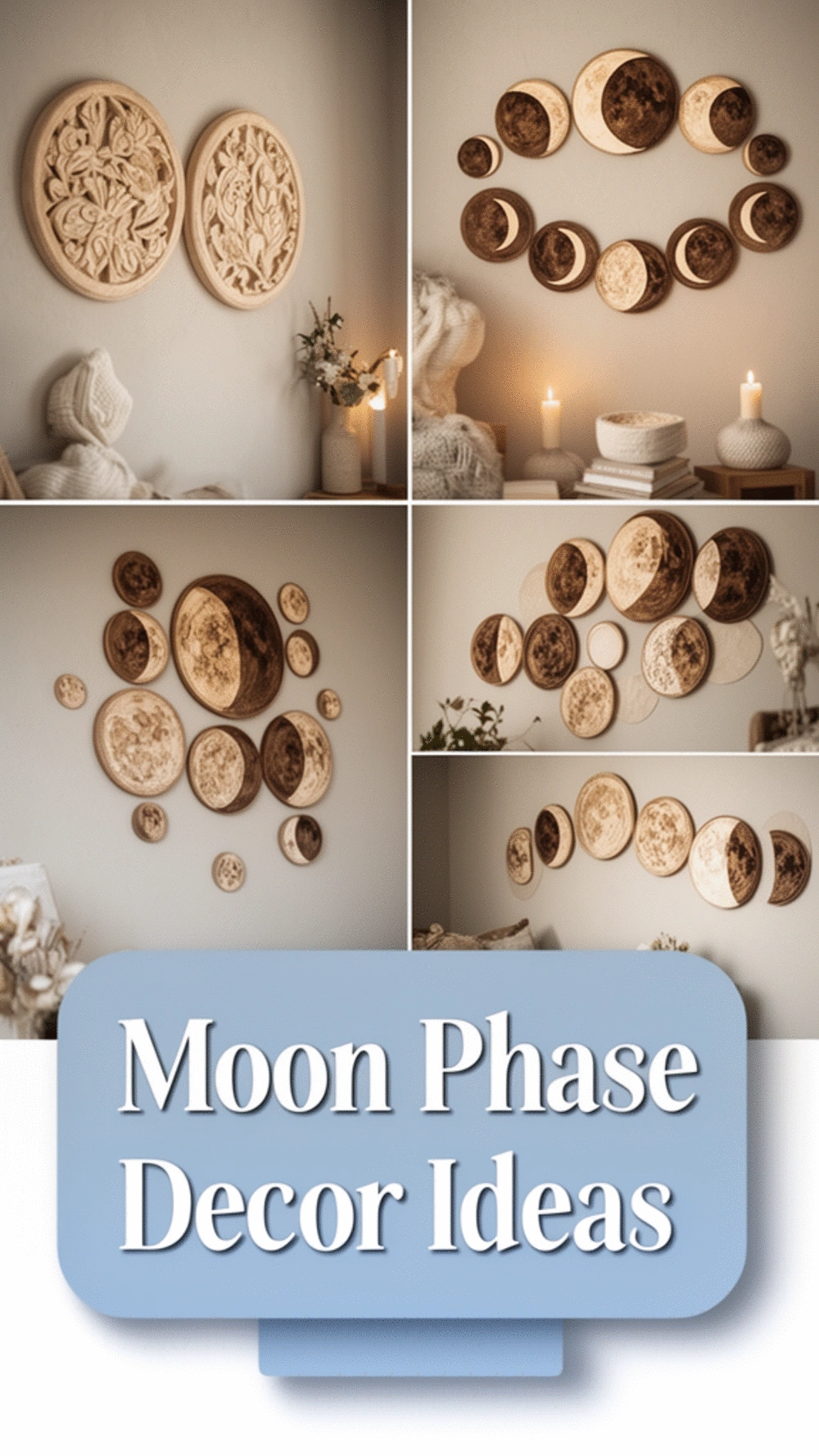Bedroom Hanging Moon Phase Wall Decor in Wooden Carved Discs
