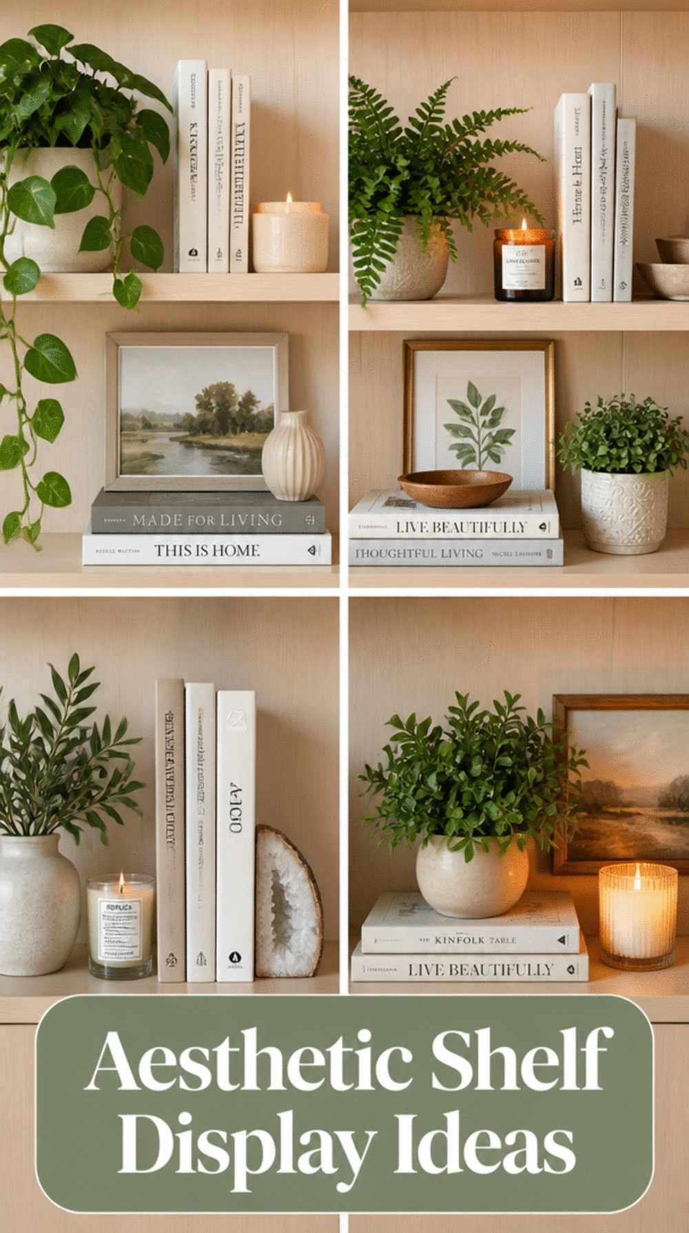 Bedroom Aesthetic Shelf Display with Books, Candles, and Small Plants