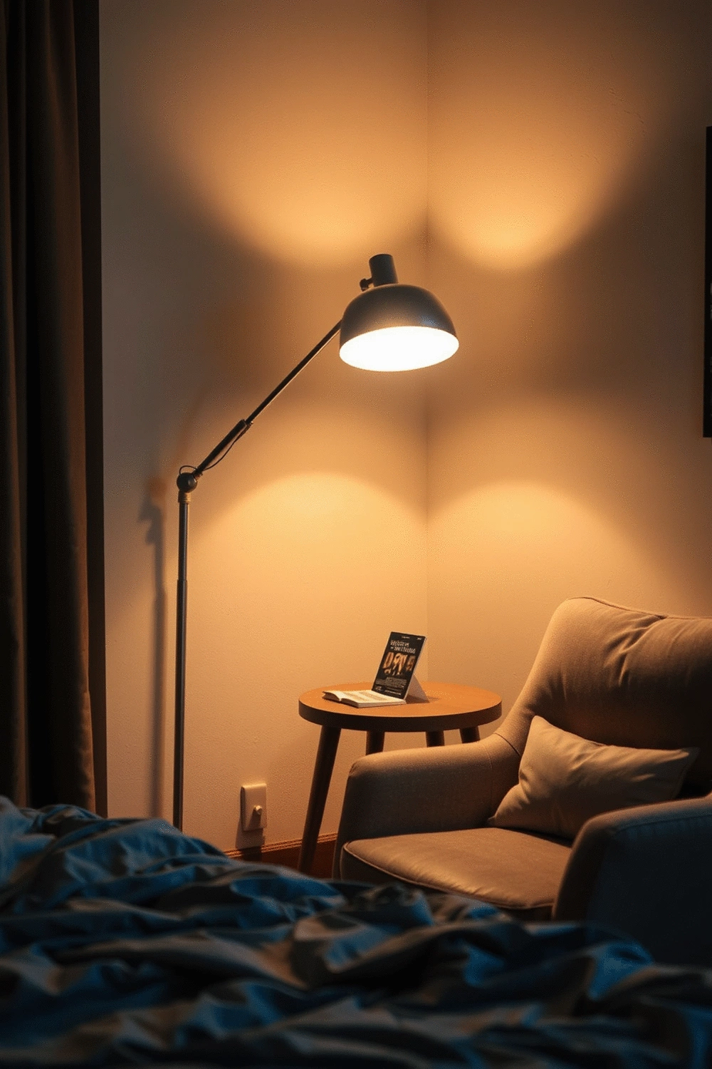 An adjustable floor lamp with a warm glow illuminating a corner of a bedroom, highlighting a comfortable armchair and a small side table with a book, creating a cozy reading nook.