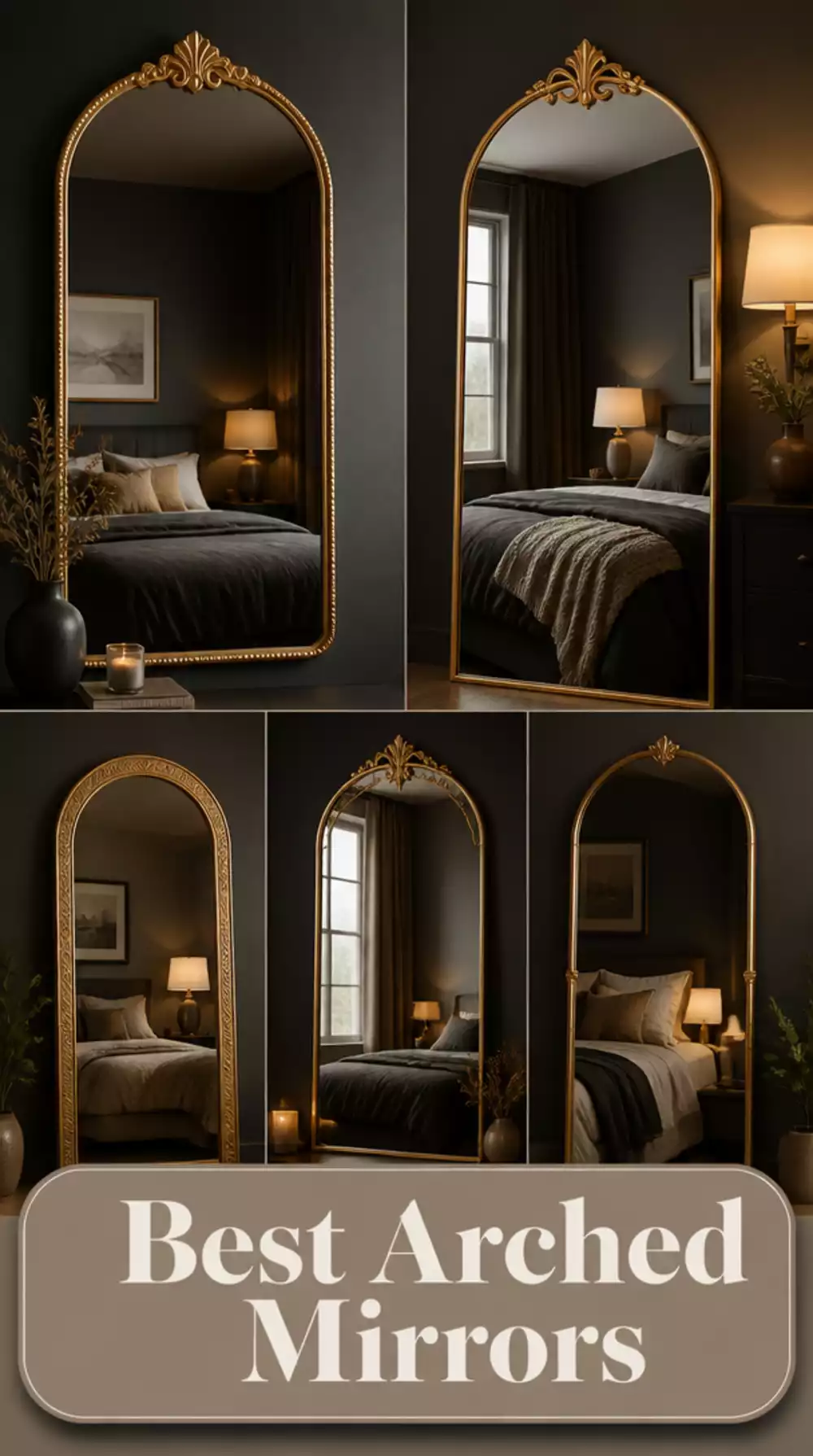 Bedroom Arched Mirror with Gold Frame That Reflects Light in a Dark Room
